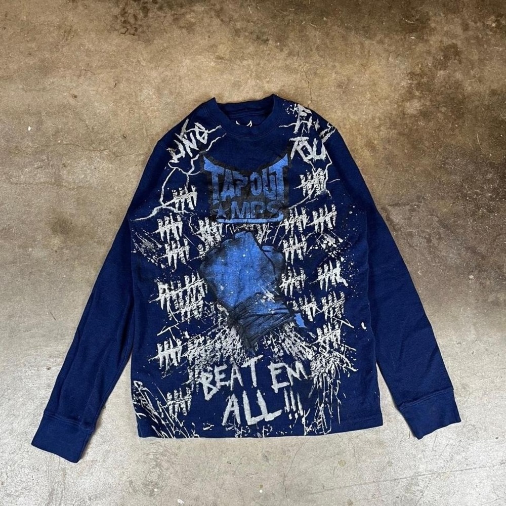Tapout MPS Navy Blue Thermal Graphic Shirt Beat Em All MMA Boxing Mens M